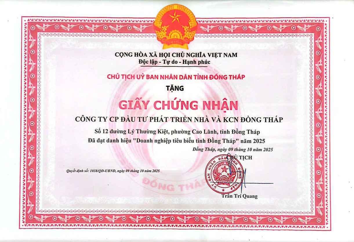 HIDICO VINH DỰ ĐÓN NHẬN DANH HIỆU “DOANH NGHIỆP TIÊU BIỂU TỈNH ĐỒNG THÁP NĂM 2025” 